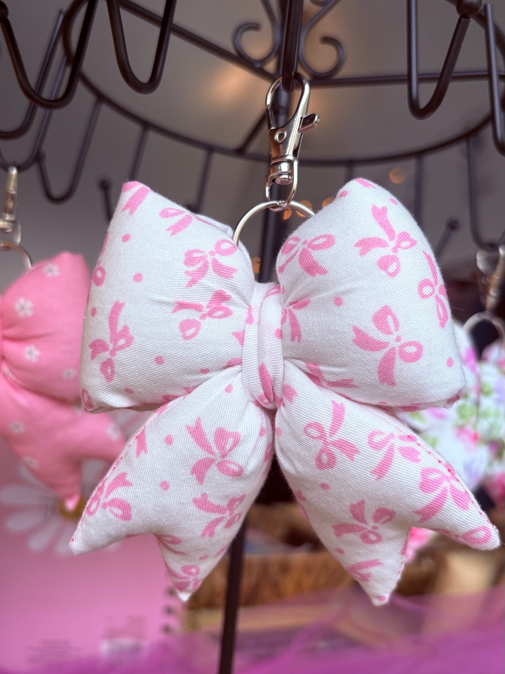 Pink Bow Print Plush Bow Keychain
